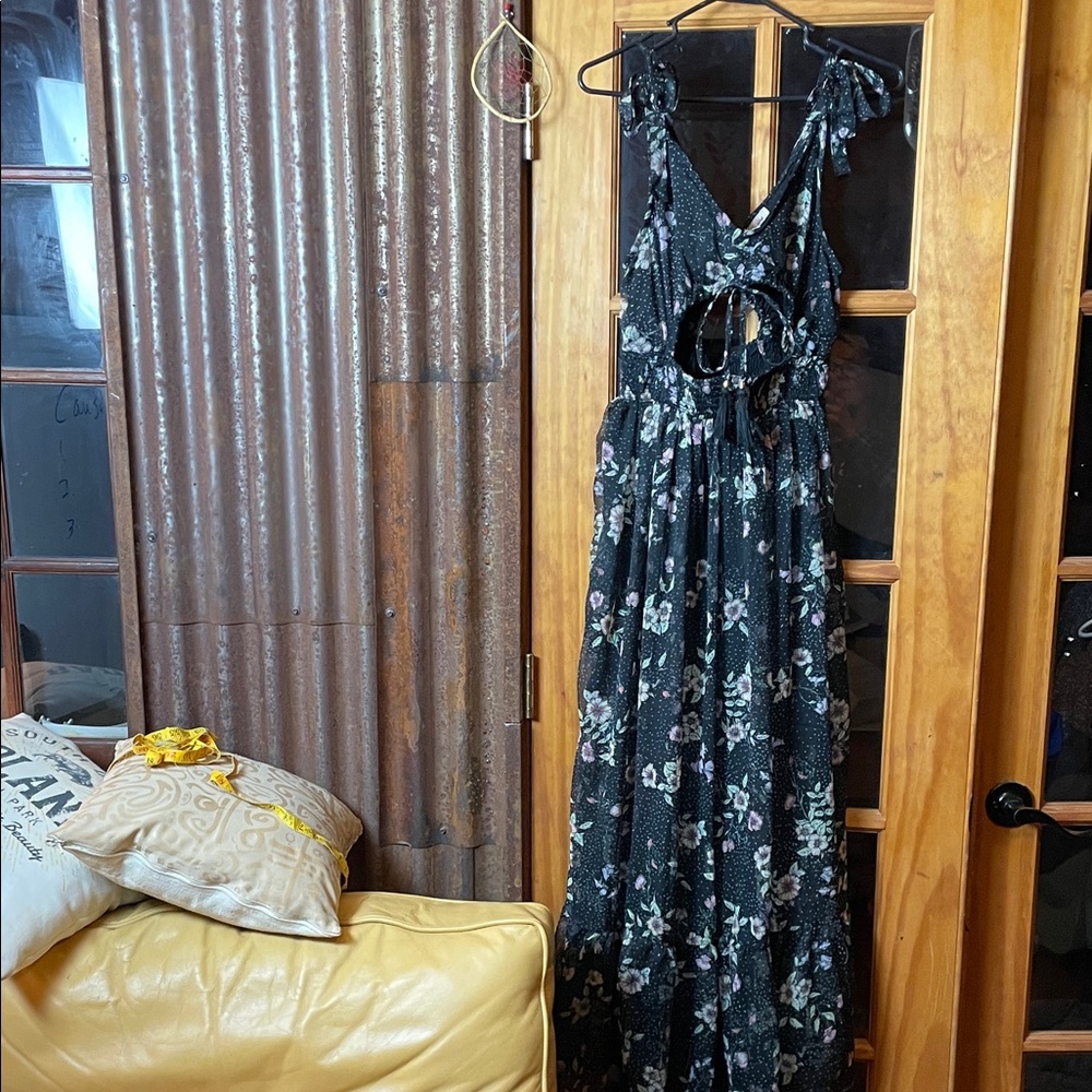 The Frille Rose Floral Black Dress, Size M